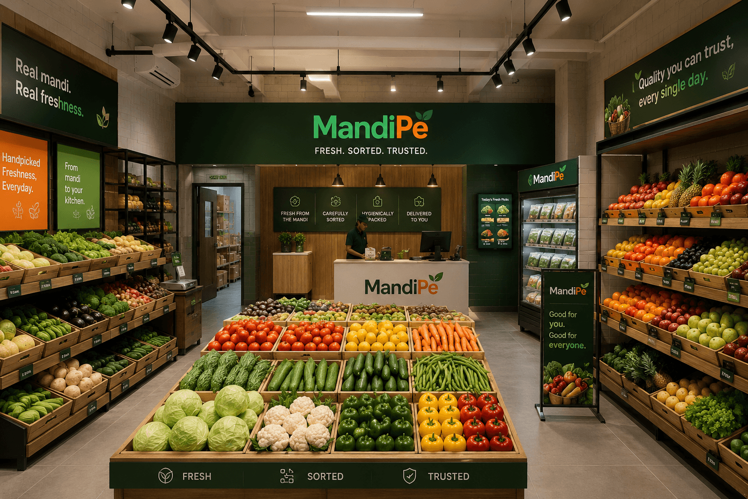 Inside a MandiPe Fresh store — sorted produce tables, cold cases, and branded checkout