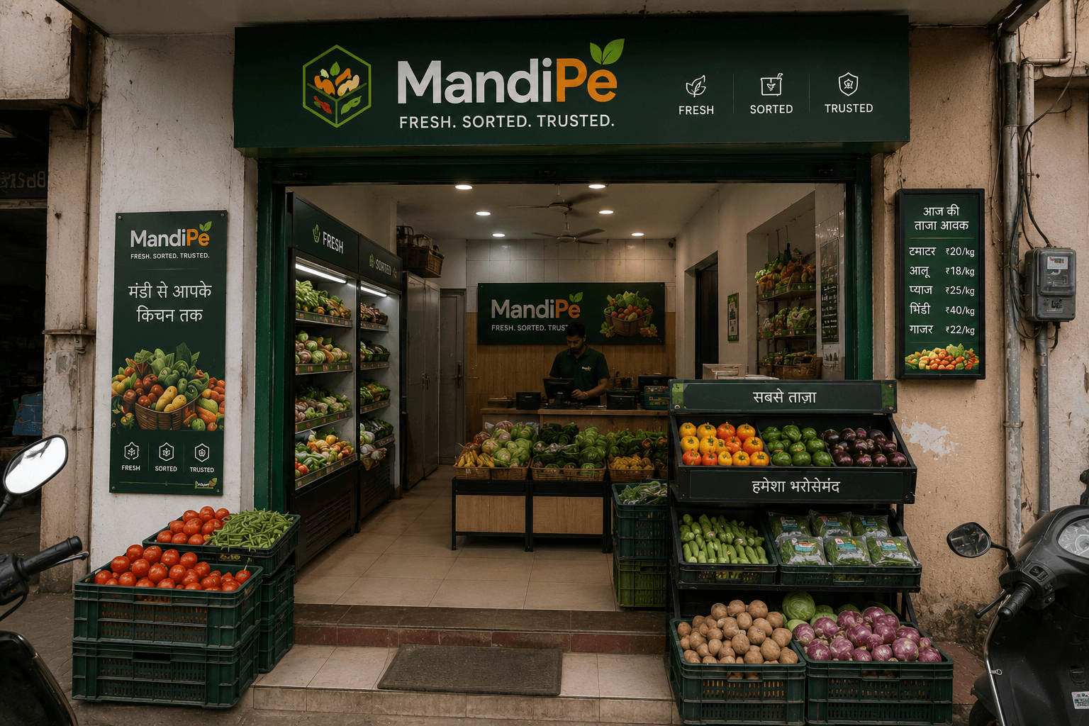 MandiPe Fresh neighbourhood storefront with branded fascia, produce crates, and a walk-in entrance